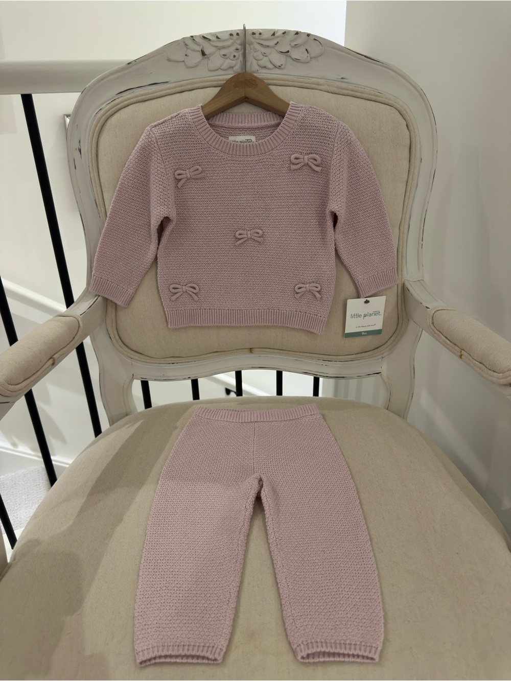 🦢 9 Mth Organic Cotton Little Planet Baby Knit Bow Set in Dusty Lilac NWT